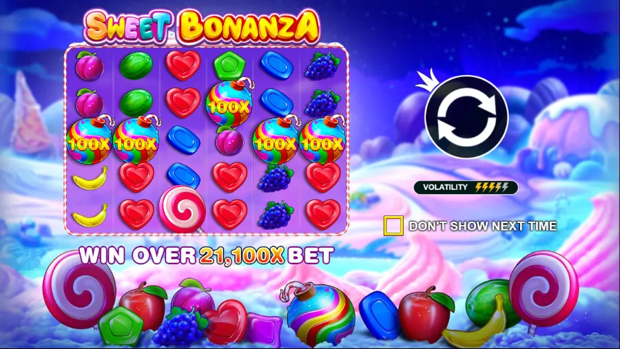 Sweet Bonanza çarpan bombalar özelliği çeşitli çarpan değerleriyle gökkuşağı şeker bombalarını gösteriyor